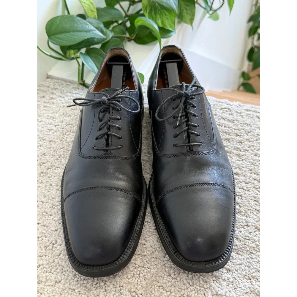 Santoni Cap Toe Oxford Men‎ 9.5 Black Leather Dress Shoes Made in Italy LUXURY